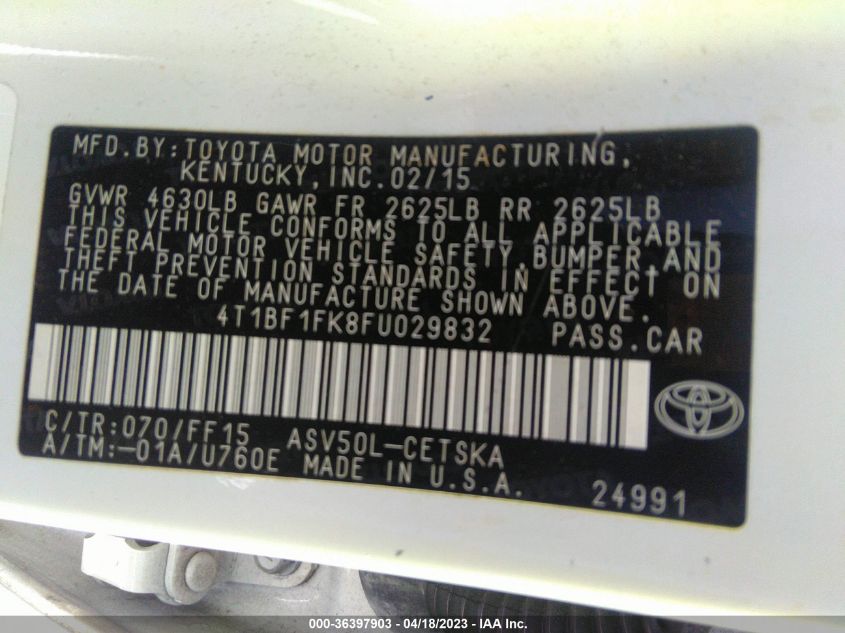 2015 TOYOTA CAMRY XLE/SE/LE/XSE - 4T1BF1FK8FU029832