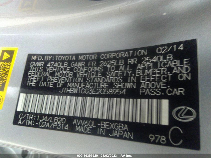 2014 LEXUS ES 300H HYBRID - JTHBW1GG3E2058954