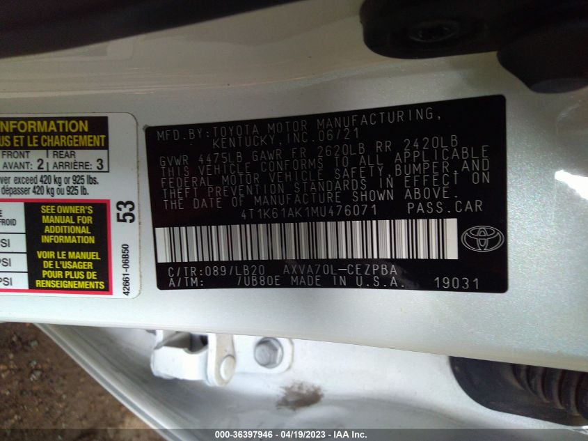 2021 TOYOTA CAMRY XSE - 4T1K61AK1MU476071