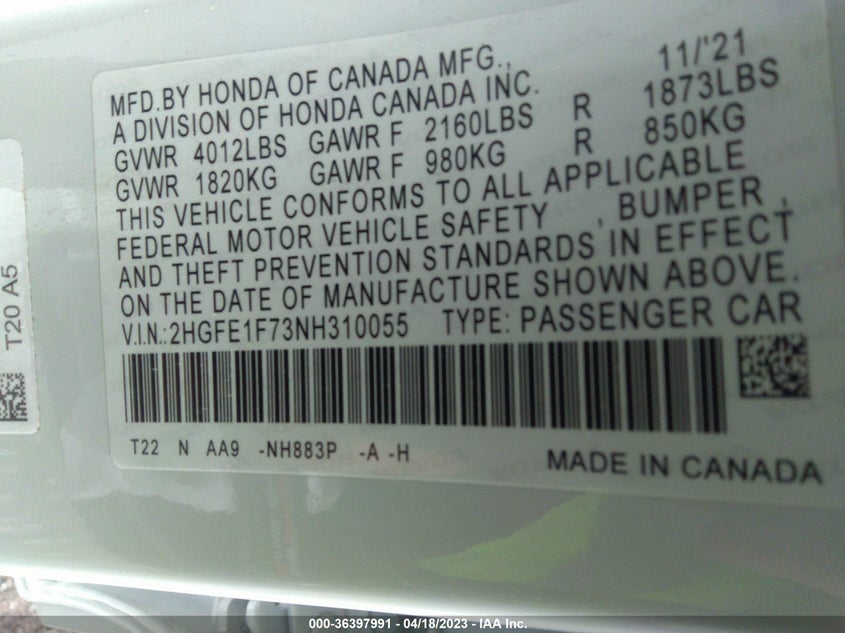 VIN 2HGFE1F73NH310055 2022 HONDA CIVIC SEDAN EX