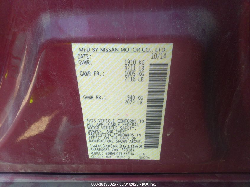 2015 NISSAN ALTIMA 2.5 S - 1N4AL3AP3FN361068