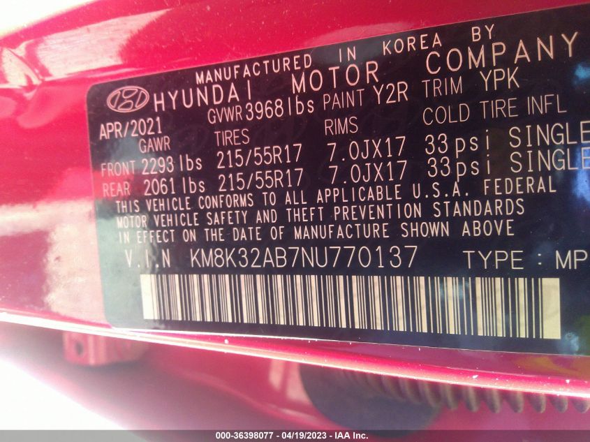 2022 HYUNDAI KONA SEL - KM8K32AB7NU770137