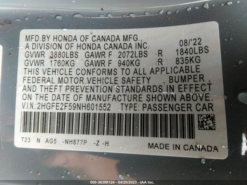 VIN 2HGFE2F59NH601552 2022 HONDA CIVIC SEDAN SPORT
