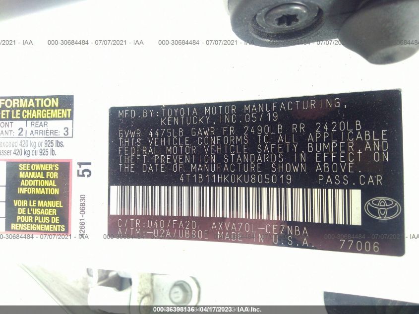 2019 TOYOTA CAMRY LE/SE/XLE/L - 4T1B11HK0KU805019