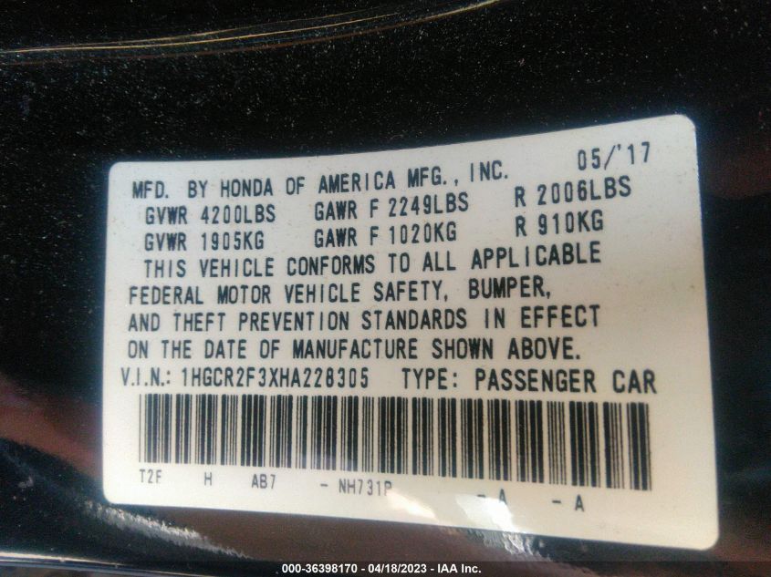 2017 HONDA ACCORD SEDAN LX - 1HGCR2F3XHA228305