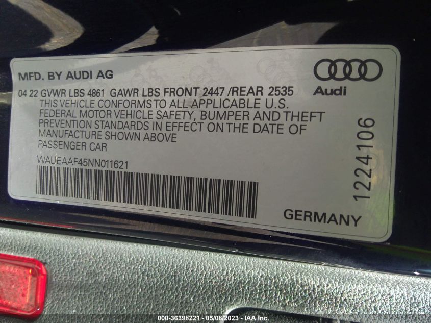 2022 AUDI A4 SEDAN S LINE PREMIUM PLUS - WAUEAAF45NN011621