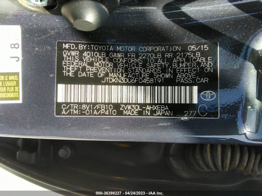 2015 TOYOTA PRIUS - JTDKN3DU6F0458191