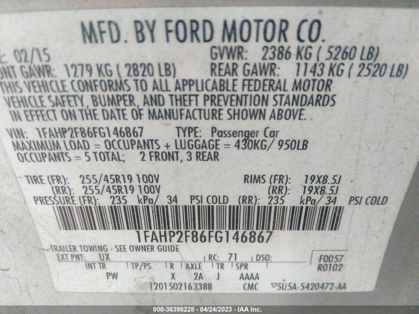 2015 FORD TAURUS LIMITED - 1FAHP2F86FG146867
