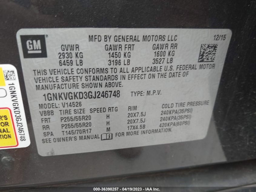 2016 CHEVROLET TRAVERSE LT - 1GNKVGKD3GJ246748