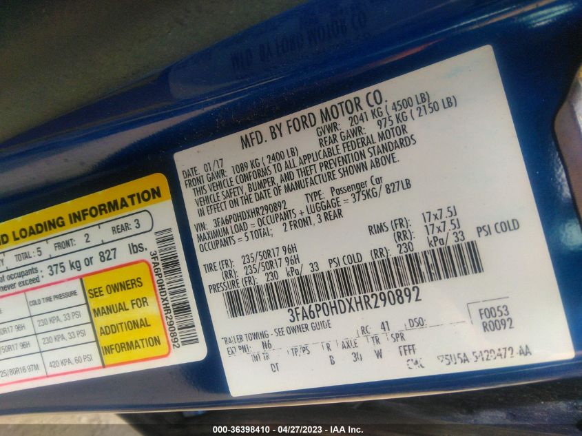 2017 FORD FUSION SE - 3FA6P0HDXHR290892