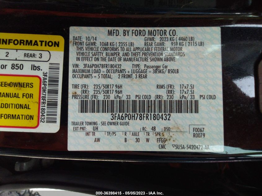 2015 FORD FUSION SE 3FA6P0H78FR180432