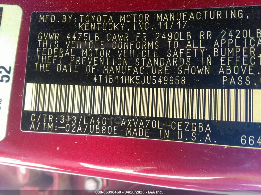2018 TOYOTA CAMRY LE/SE/XLE/L - 4T1B11HK5JU549958