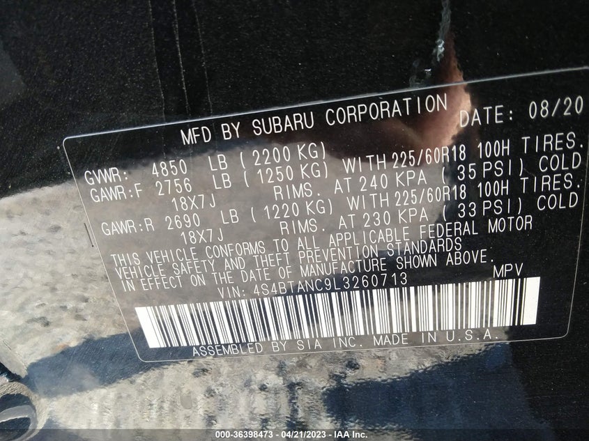 VIN 4S4BTANC9L3260713 2020 SUBARU OUTBACK LIMITED