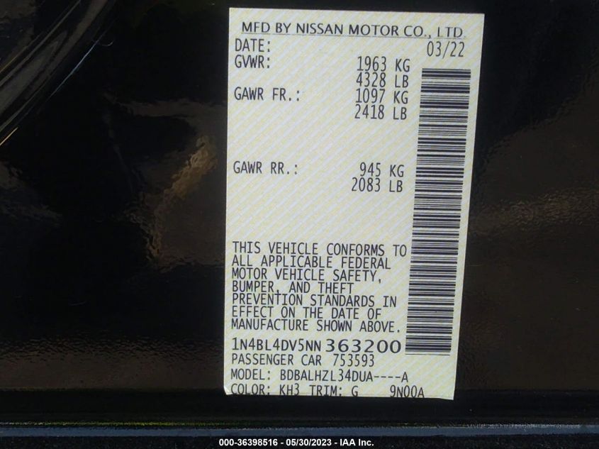 2022 NISSAN ALTIMA 2.5 SV - 1N4BL4DV5NN363200