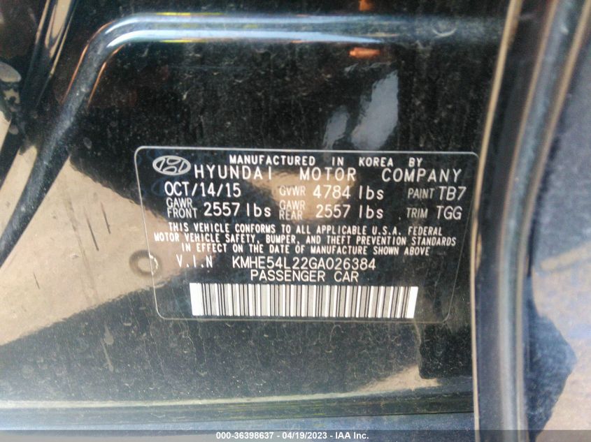 2016 HYUNDAI SONATA PLUG-IN HYBRID LIMITED KMHE54L22GA026384
