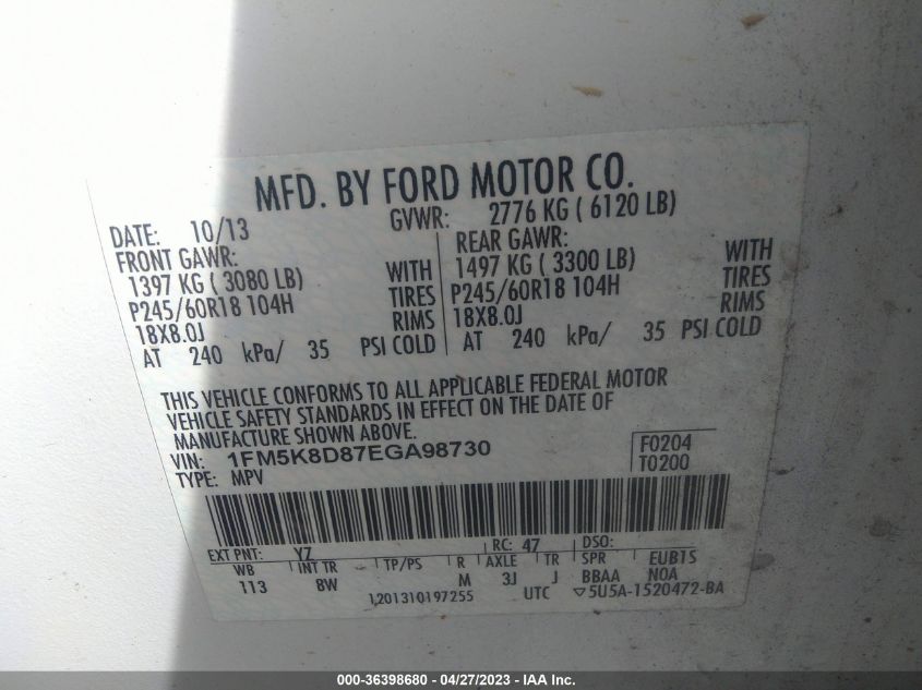 2014 FORD EXPLORER XLT - 1FM5K8D87EGA98730
