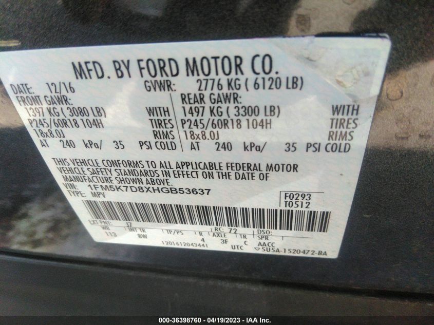 2017 FORD EXPLORER XLT - 1FM5K7D8XHGB53637