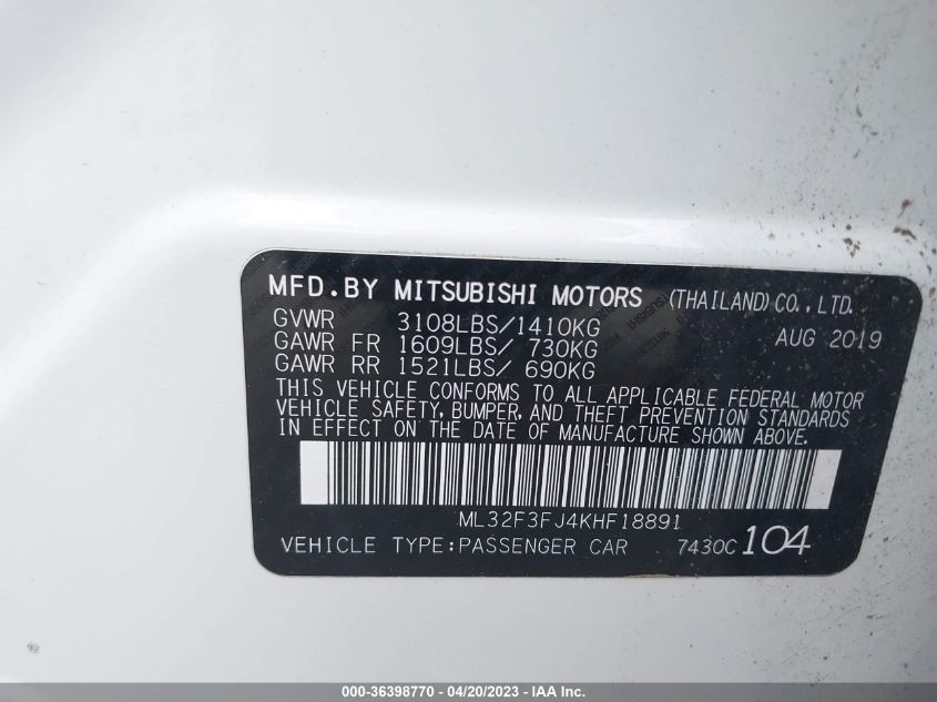 2019 MITSUBISHI MIRAGE G4 ES/RF - ML32F3FJ4KHF18891