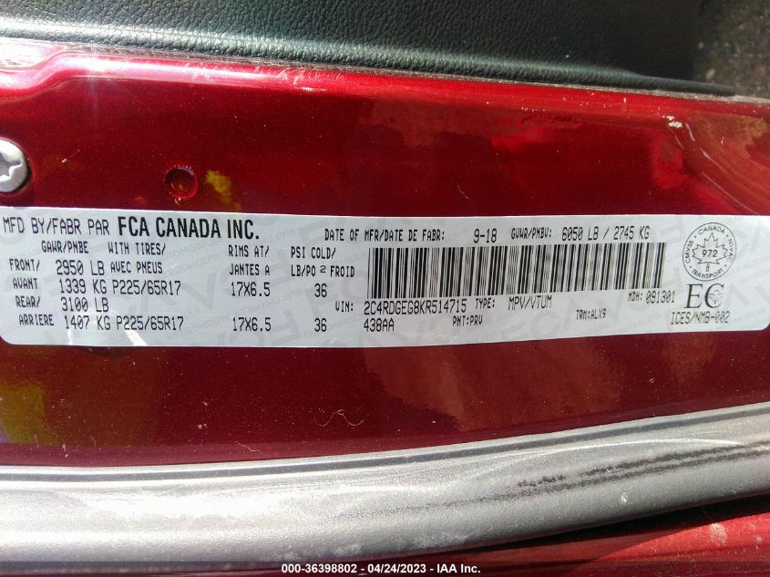 2019 DODGE GRAND CARAVAN GT - 2C4RDGEG8KR514715