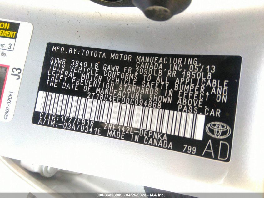 2013 TOYOTA COROLLA L/LE/S - 2T1BU4EE0DC094868