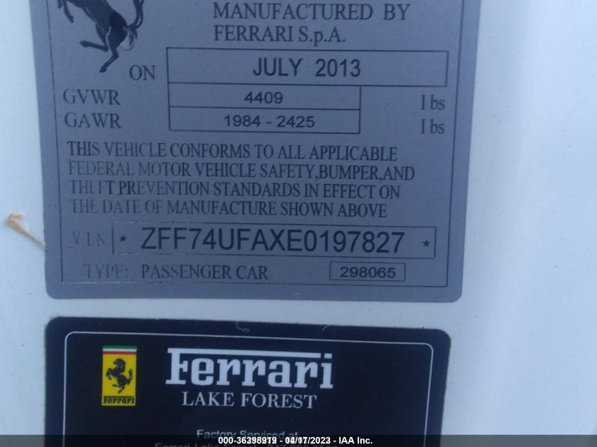 2014 FERRARI F12BERLINETTA ZFF74UFAXE0197827
