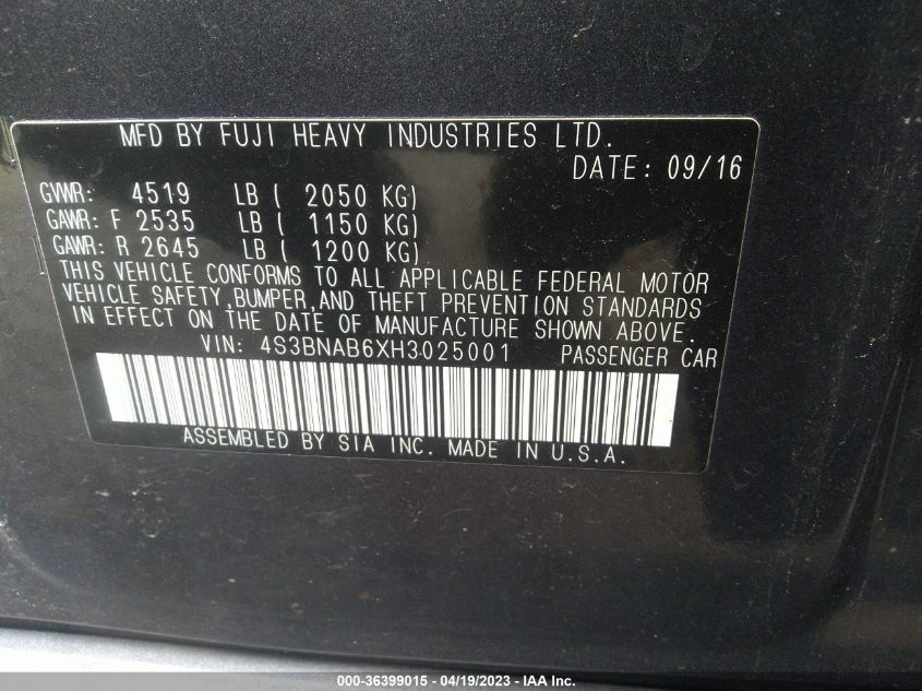 2017 SUBARU LEGACY - 4S3BNAB6XH3025001