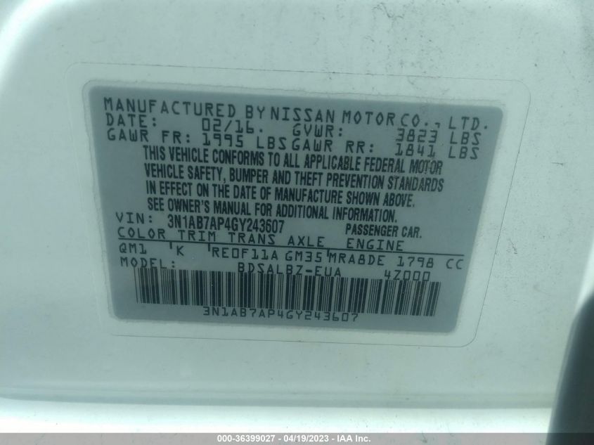2016 NISSAN SENTRA S - 3N1AB7AP4GY243607