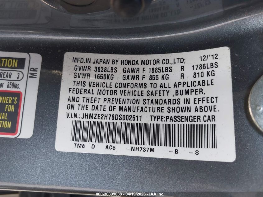 2013 HONDA INSIGHT EX JHMZE2H76DS002611