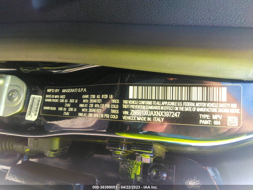 VIN ZN661XUAXNX397247 2022 MASERATI LEVANTE GT