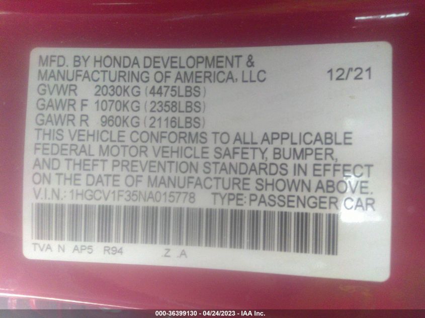 2022 HONDA ACCORD SEDAN SPORT - 1HGCV1F35NA015778