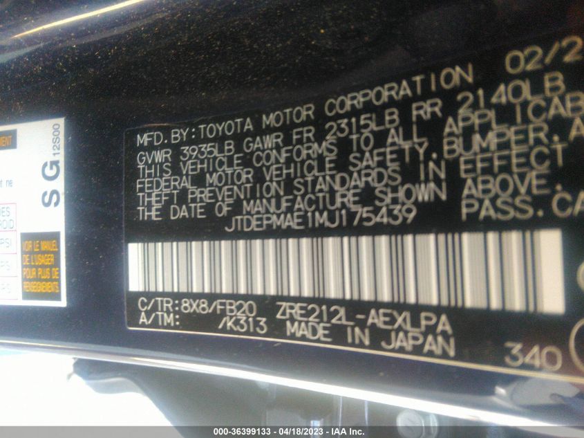 2021 TOYOTA COROLLA LE - JTDEPMAE1MJ175439