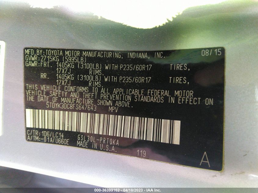 2015 TOYOTA SIENNA XLE/XLE AAS/LTD - 5TDYK3DC8FS647643