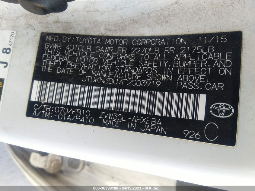 2015 TOYOTA PRIUS FOUR - JTDKN3DU7F2003919