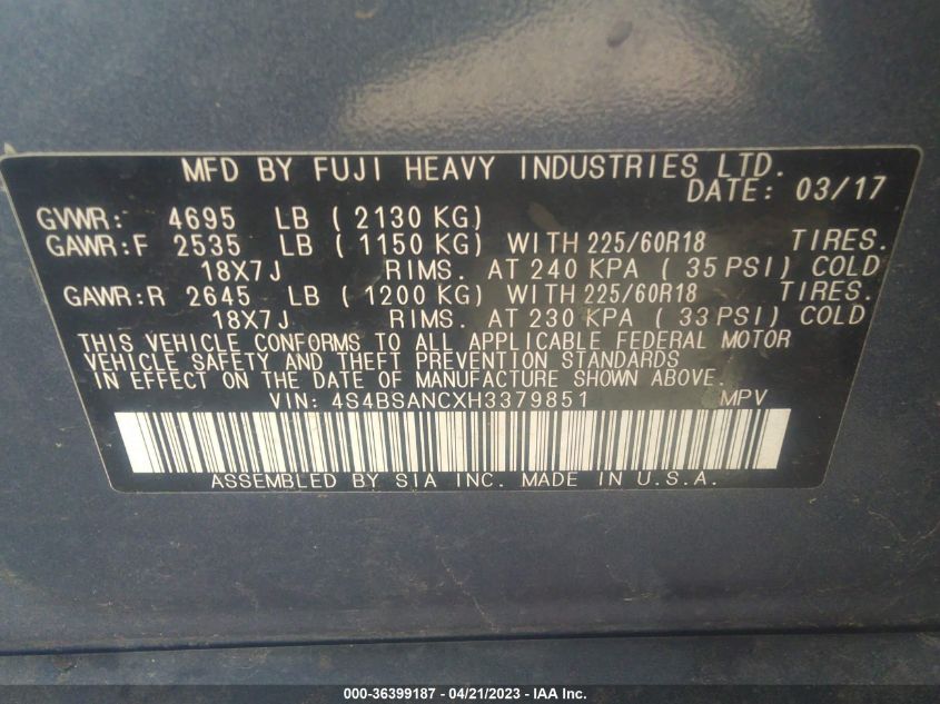 2017 SUBARU OUTBACK LIMITED - 4S4BSANCXH3379851