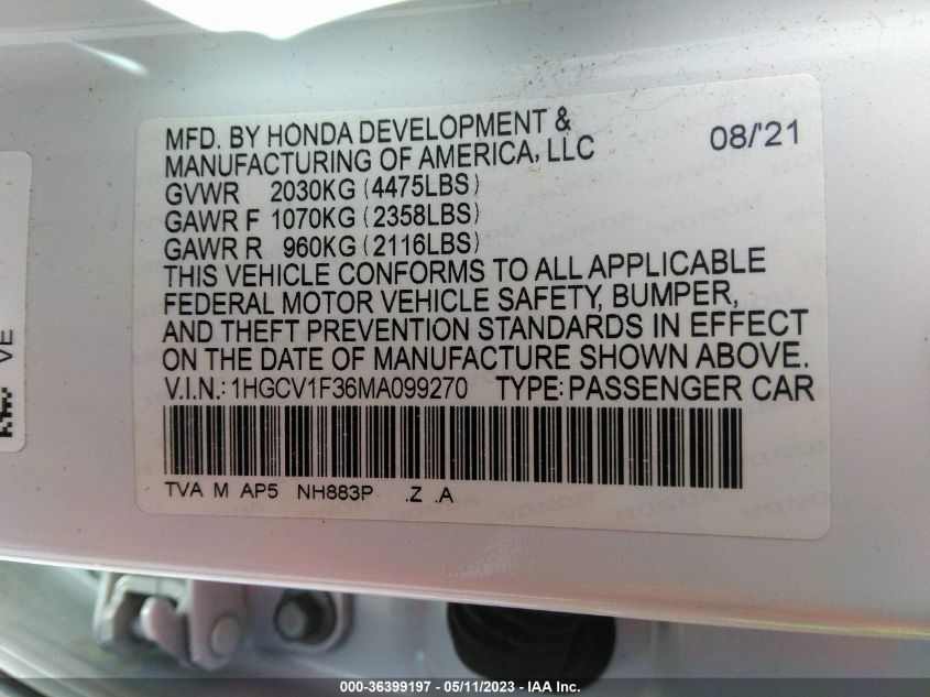 2021 HONDA ACCORD SEDAN SPORT - 1HGCV1F36MA099270