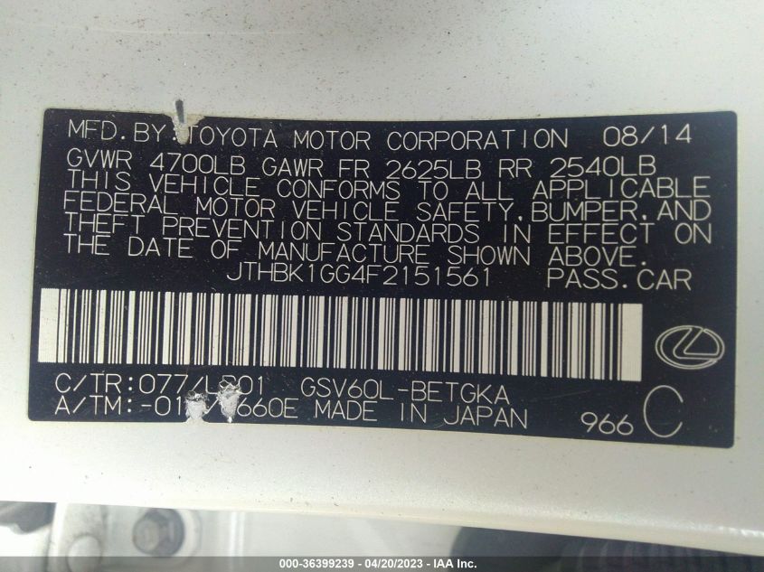2015 LEXUS ES 350 - JTHBK1GG4F2151561