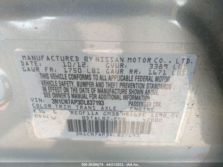 2013 NISSAN VERSA SV - 3N1CN7AP3DL837193