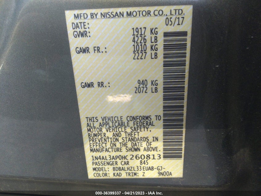 VIN 1N4AL3AP0HC260813 2017 NISSAN ALTIMA 2.5 SR