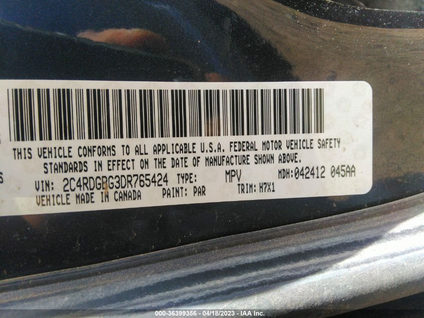 2013 DODGE GRAND CARAVAN AMERICAN VALUE PKG - 2C4RDGBG3DR765424