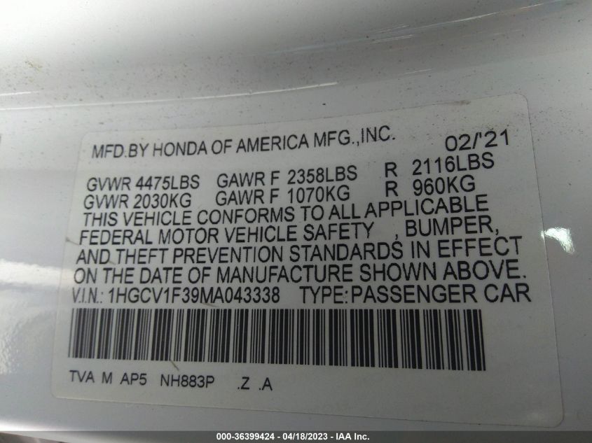 2021 HONDA ACCORD SEDAN SPORT - 1HGCV1F39MA043338