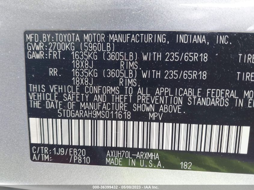 2021 TOYOTA HIGHLANDER HYBRID XLE - 5TDGARAH9MS011618