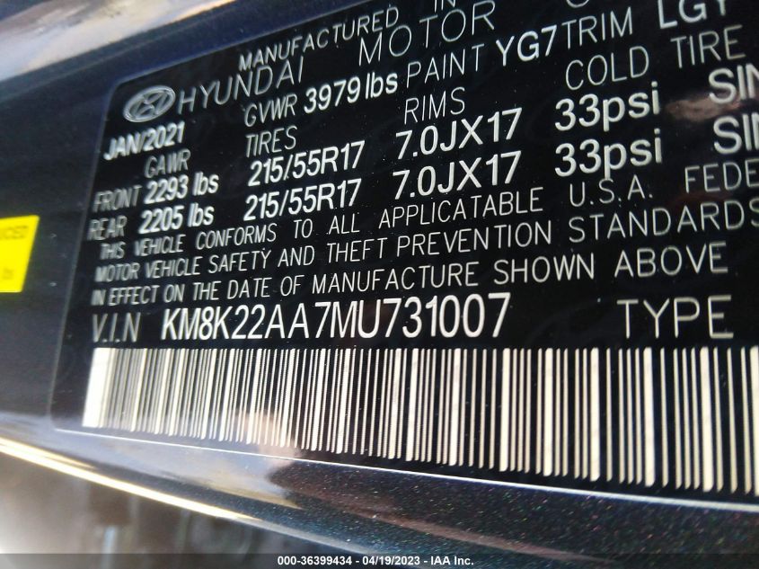 2021 HYUNDAI KONA SEL - KM8K22AA7MU731007