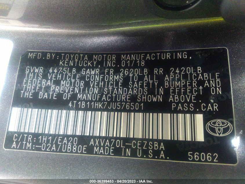 2018 TOYOTA CAMRY LE/SE/XLE/L - 4T1B11HK7JU576501