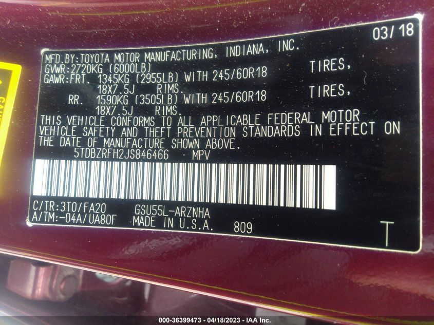 2018 TOYOTA HIGHLANDER LE - 5TDBZRFH2JS846466
