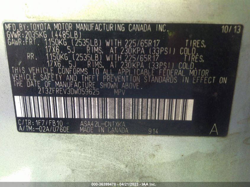 2013 TOYOTA RAV4 LE - 2T3ZFREV3DW059625