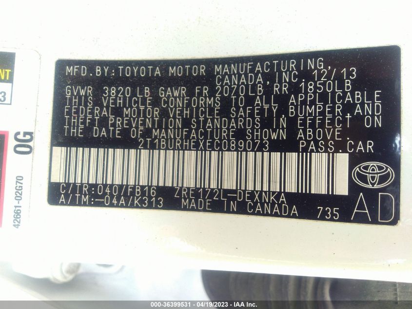 2014 TOYOTA COROLLA LE - 2T1BURHEXEC089073