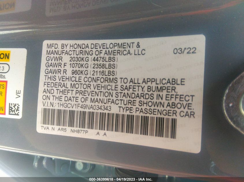 2022 HONDA ACCORD SEDAN SPORT SE - 1HGCV1F49NA034343