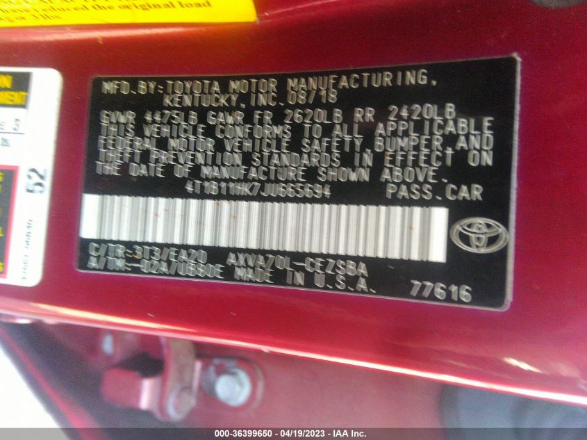 2018 TOYOTA CAMRY LE/SE/XLE/L - 4T1B11HK7JU665694