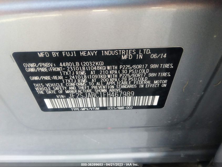 2015 SUBARU FORESTER 2.5I - JF2SJABC1FH467989