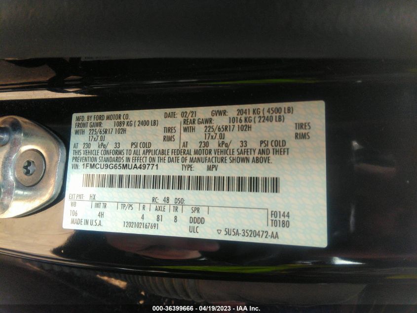 2021 FORD ESCAPE SE - 1FMCU9G65MUA49771